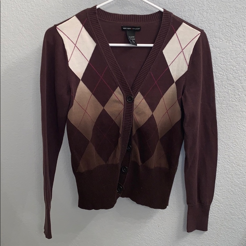 New York & Company Argyle Cardigan